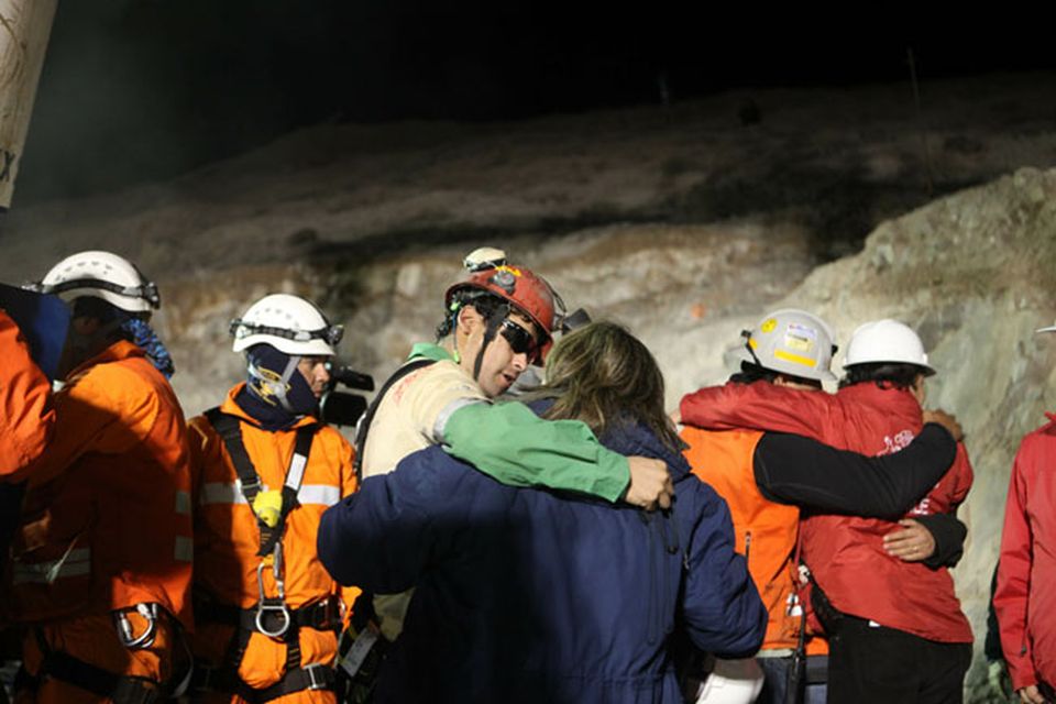 Florencio Avalos, 31, becomes the first miner to exit the rescue capsule at the San Jose mine near Copiapo, Chile