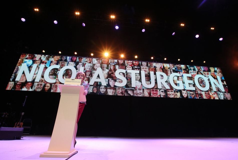 Nicola Sturgeon speaking at the rally at the SSE Hydro in Glasgow (Andrew Milligan/PA)