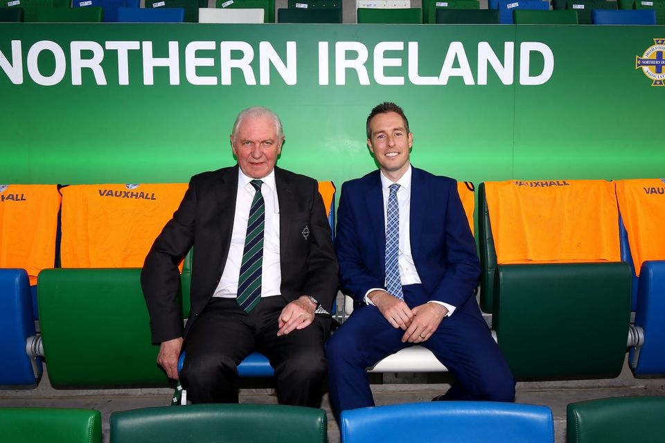 Press Eye - Belfast -  Northern Ireland - 27th May 2016 - Photo by William Cherry

Sports Minister Paul Givan MLA pictured at the National Stadium, Windsor Park with Northern Ireland President Jim Shaw. The Minister wished the Northern Ireland team every success as they continue their preparations for the European Championship Finals in France.
