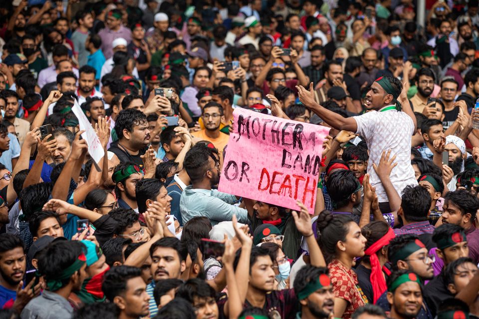 A protest against Prime Minister Sheikh Hasina and her government to demand justice for those killed in the recent deadly clashes, in Dhaka, Bangladesh (Rajib Dhar/AP)