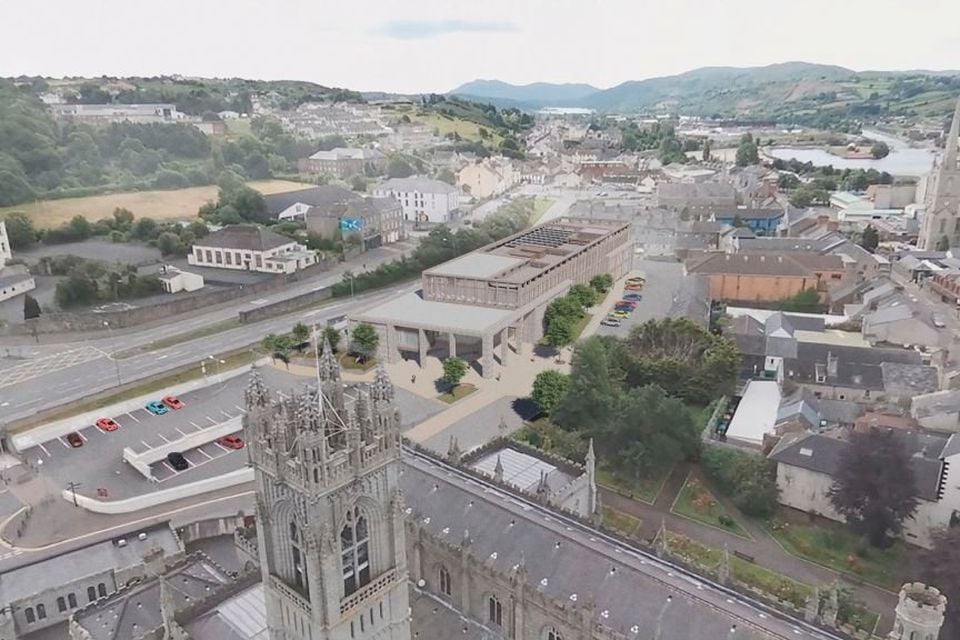 Image of Newry Cathedral and artist's impression of the new NMDDC Civic Centre