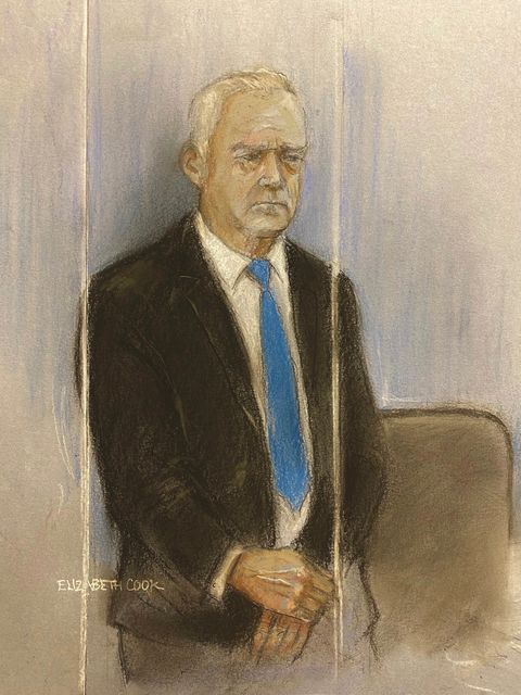 Court artist drawing by Elizabeth Cook of former BBC broadcaster Huw Edwards appearing at Westminster Magistrates’ Court, London (Elizabeth Cook/PA)