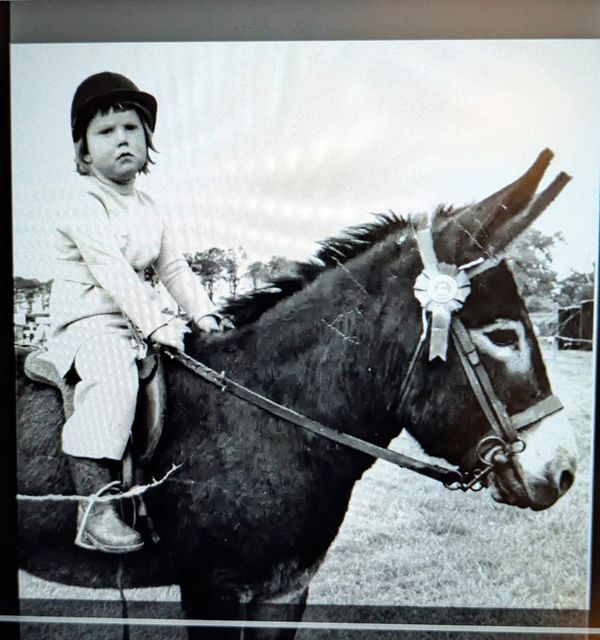 Robert's Aunt Lesley atop Micky-Finn, his great-grandmother's donkey in the 1960s.