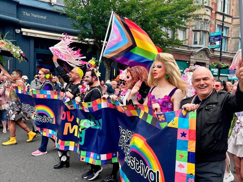 U105 presenter and Belfast Telegraph columnist Frank Mitchell joins the parade. Pic: Jonathan McCambridge/PA Wire