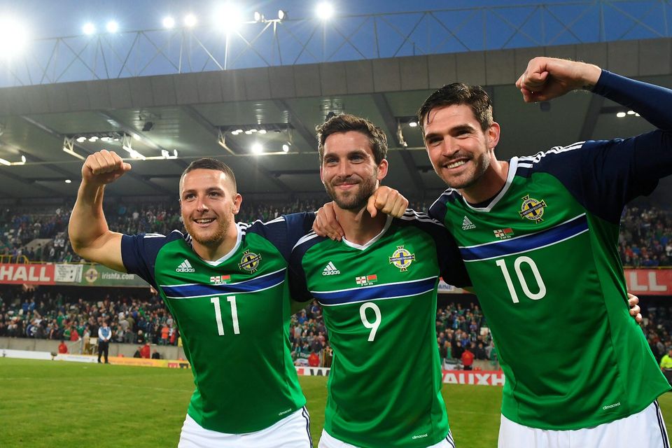 BELFAST, NORTHERN IRELAND - MAY 27: Northern Ireland's Kyle Lafferty (R), Will Grigg (C) and Conor Washington (L) after the international friendly game between Northern Ireland and Belarus on May 26, 2016 in Belfast, Northern Ireland. (Photo by Charles McQuillan/Getty Images)