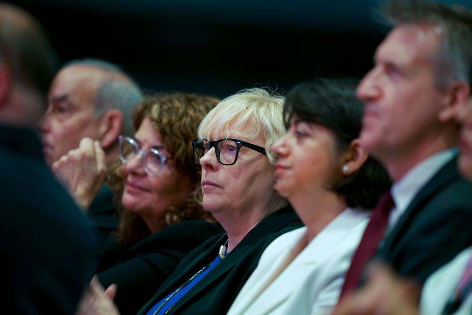 Dame Angela Eagle (centre) listens as Home Secretary Yvette Cooper delivers a speech during the Labour Party Conference, at the ACC Liverpool (Peter Byrne/PA)