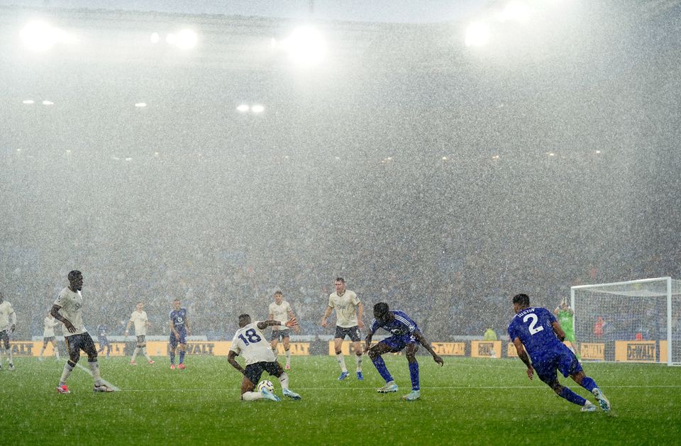 Heavy rain falls at the King Power Stadium (Joe Giddens/PA)