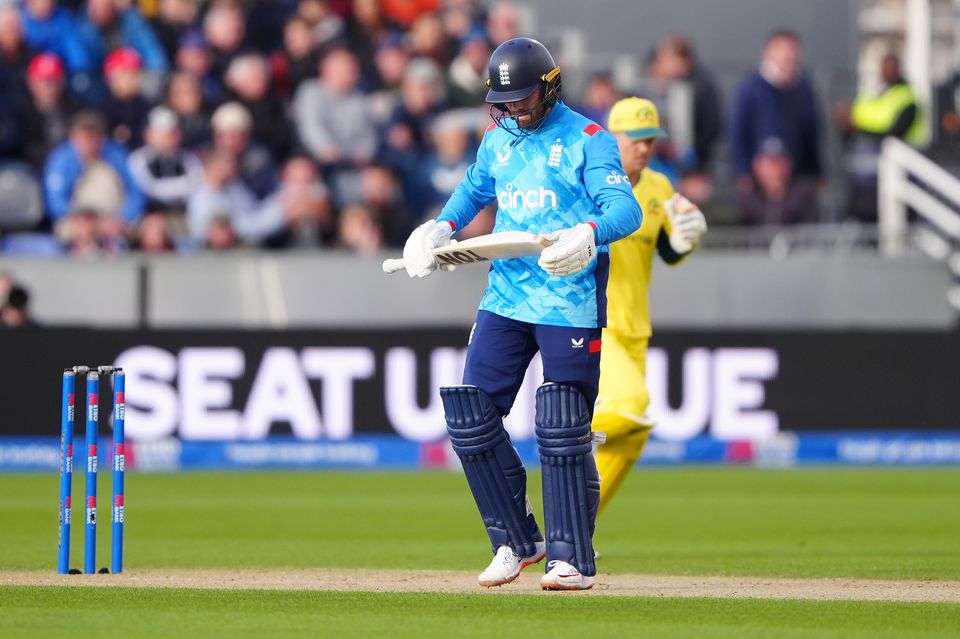 England’s Phil Salt reacts after being bowled by Mitchell Starc (Owen Humphreys/PA)