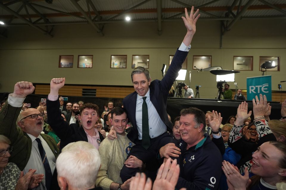 Irish premier Simon Harris celebrates after being re-elected to the Dail parliament (Niall Carson/PA).