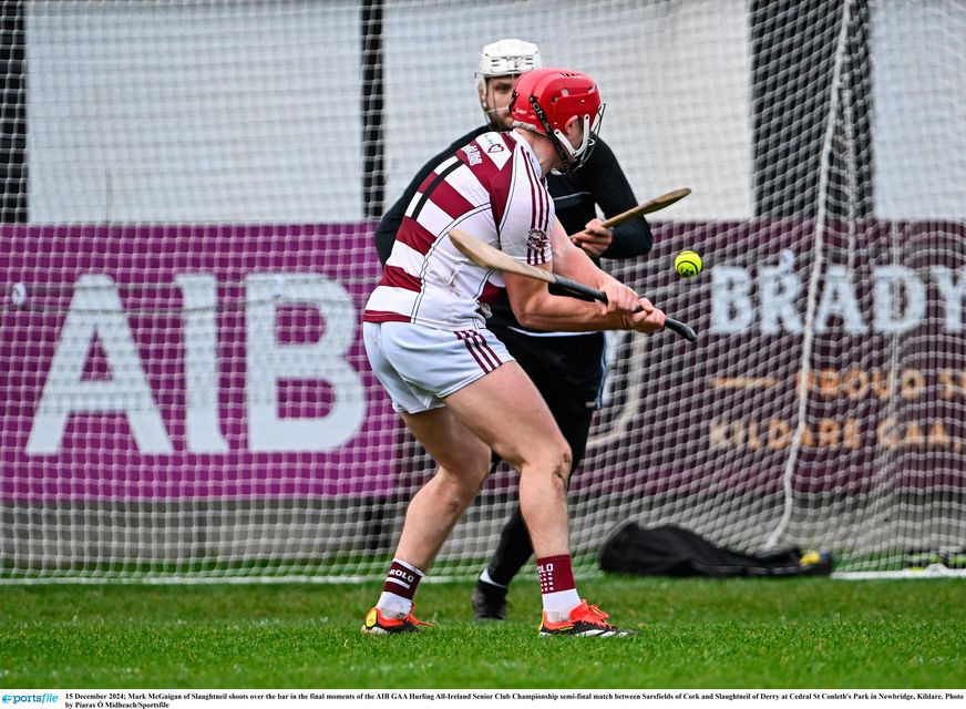 Mark McGuigan of Slaughtneil shoots over the bar in the final moments of the AIB GAA Hurling All-Ireland Senior Club Championship semi-final match against Sarsfields of Cork