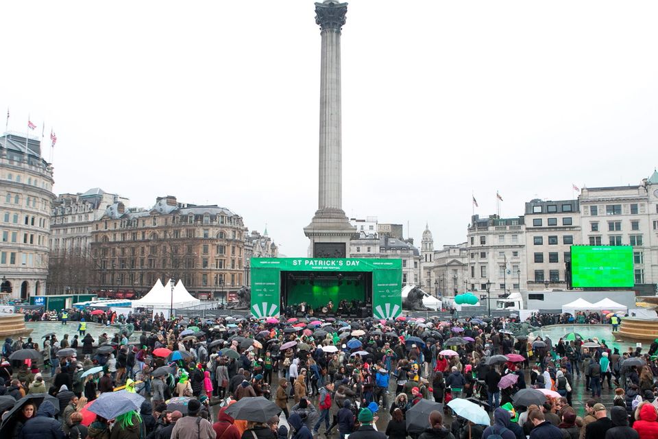 People gather at Trafalgar Square at the Mayor of London's St Patrick's Day Parade and Festival in London. Daniel Leal-Olivas/PA Wire.