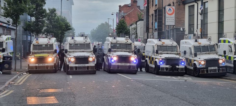 PSNI officers man road blocks in Belfast on Saturday evening (David Young/PA)