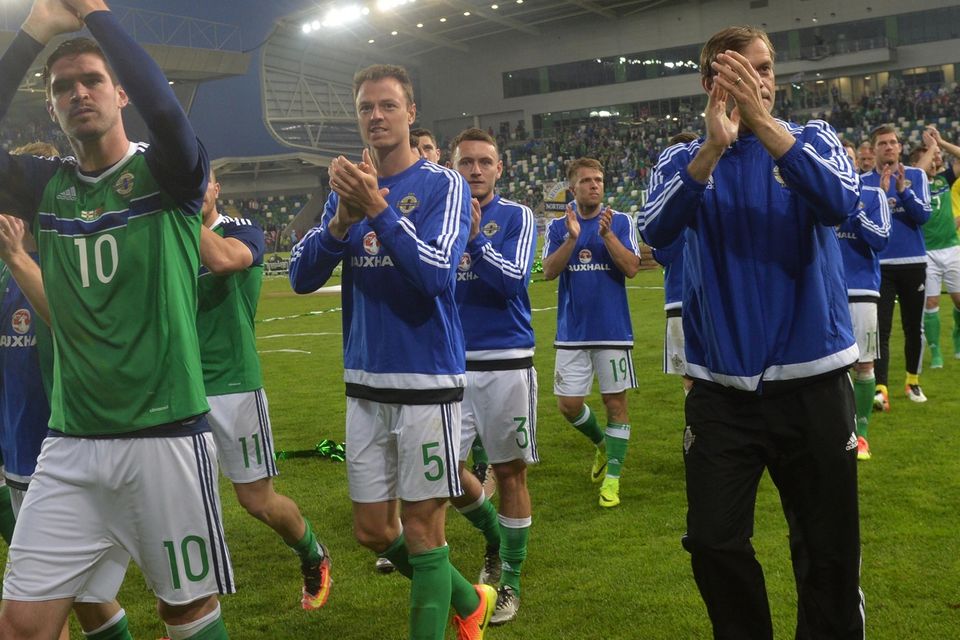 PACEMAKER BELFAST   27/05/2016
Northern Ireland v Belarus  Friendly International
Northern Ireland players celebrate with the fans after  this evenings Friendly International at Windsor park.
Photo Colm Lenaghan/Pacemaker Press