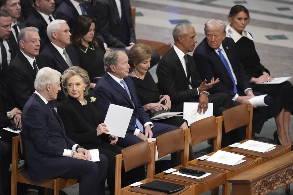 Bill Clinton, Hillary Clinton, George W Bush and Laura Bush, Barack Obama, Donald Trump and his wife Melania at the service (Jacquelyn Martin/AP)