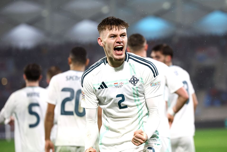 Northern Ireland’s Conor Bradley celebrates scoring against Luxembourg