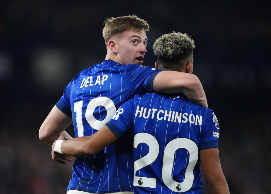 Liam Delap celebrates with team-mate Omari Hutchinson (Adam Davy/PA)