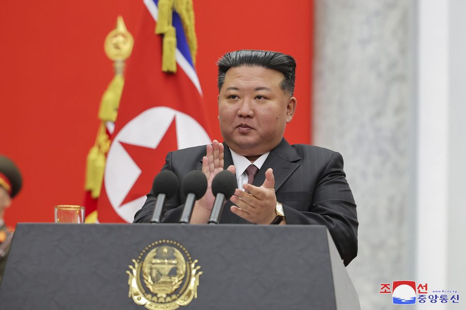  Kim Jong Un delivers a speech marking the 77th founding anniversary of the Korean People’s Army at the defence ministry in Pyongyang (Korean Central News Agency/Korea News Service via AP)