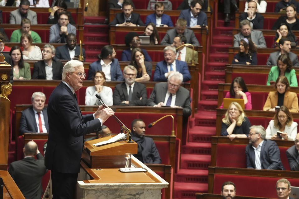 French Prime Minister Michel Barnier delivers his speech at the National Assembly (Michel Euler/AP)