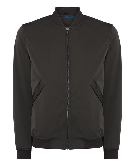 Dark green slim fit bomber jacket with front centre zip closing, £139