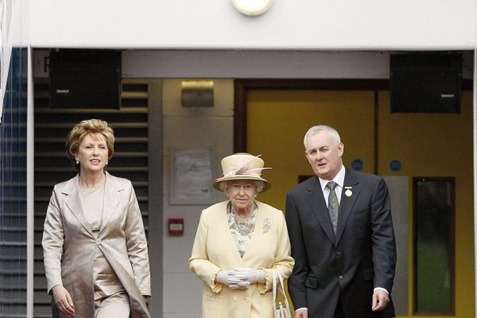 President of the Irish Republic Mary McAleese, Queen Elizabeth II and GAA President Christy Cooney at Croke Park, Dublin, during the second day of her State Visit to Ireland.