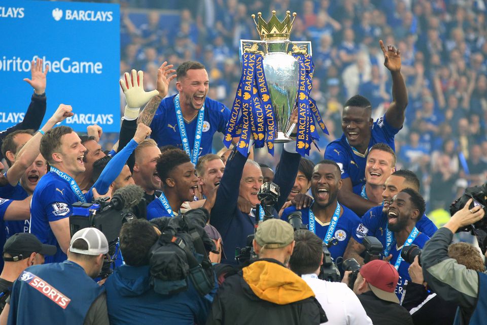 Leicester’s players and manager Claudio Ranieri celebrate the Premier League title in 2016 (Nick Potts/PA)
