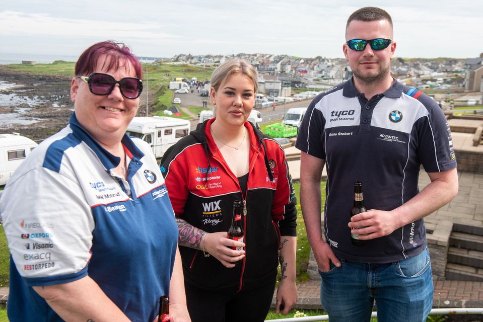 Cookstown trio, Andrea Turkington, Jayne Greer and Liam Swift who have the perfect vantage point from the house they are renting close to the NW200 circuit.