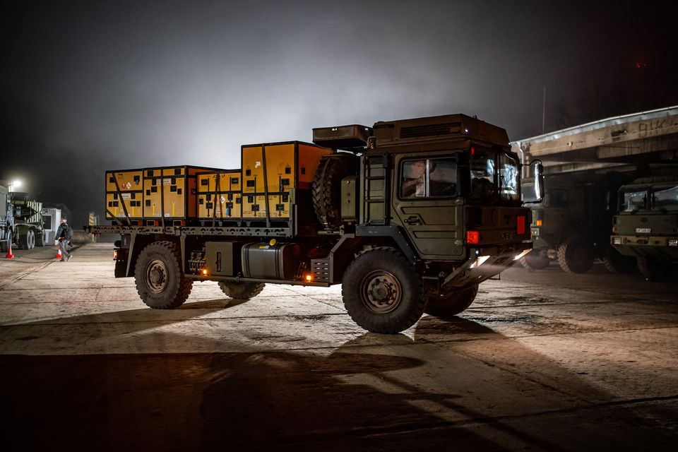 A British military vehicle arrives at a Hungarian military base at Szentes (Ben Birchall/PA)