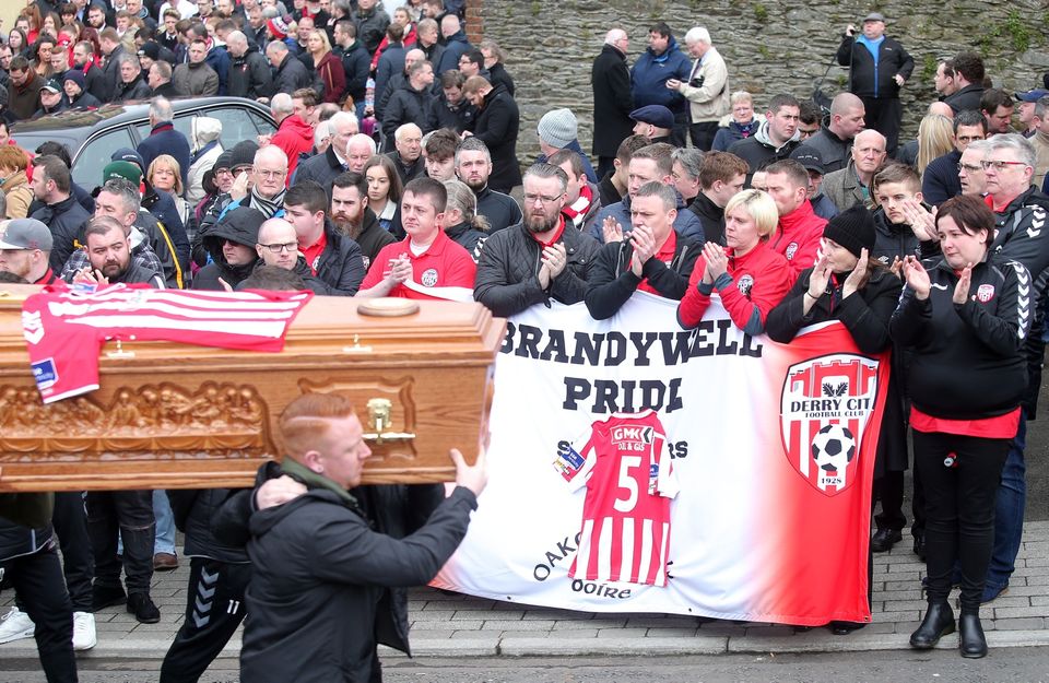 Funeral of Derry City Football Club captain Ryan McBride at St Columba's Church in the city.  The 27-year-old died suddenly at his home on Sunday evening.  
His coffin is carried from the church after Requiem Mass. 
Picture by Jonathan Porter/PressEye.com