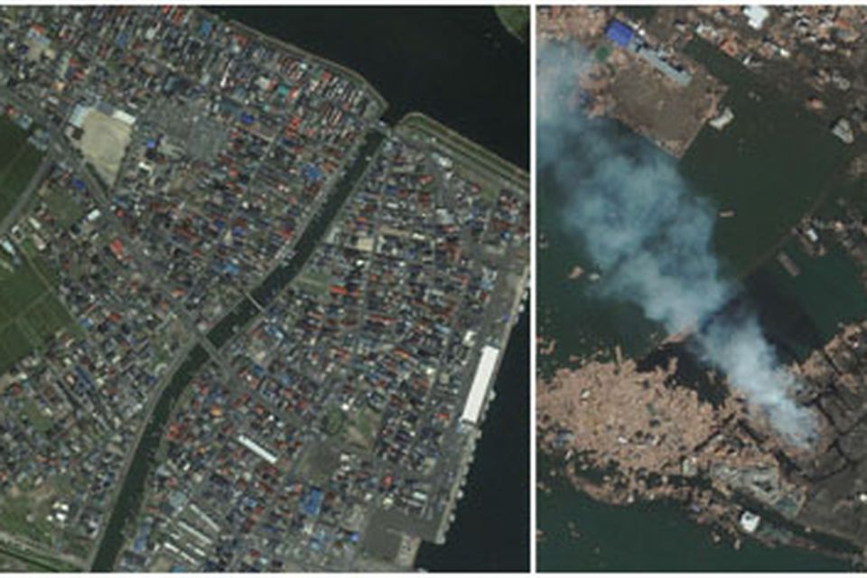 This combo made from images provided by GeoEye shows an area of Natori, Japan on April 4, 2010, left, and March 12, 2011, after an 8.9-magnitude earthquake struck causing a tsunami that devastated the region. (AP Photo/GeoEye) MANDATORY CREDIT, NO SALES.
