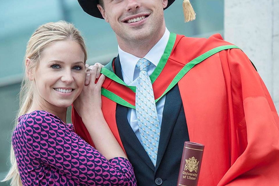 Ulster and Ireland star Tommy Bowe with fiancée Lucy Whitehouse after he received his honorary degree from the University of Ulster