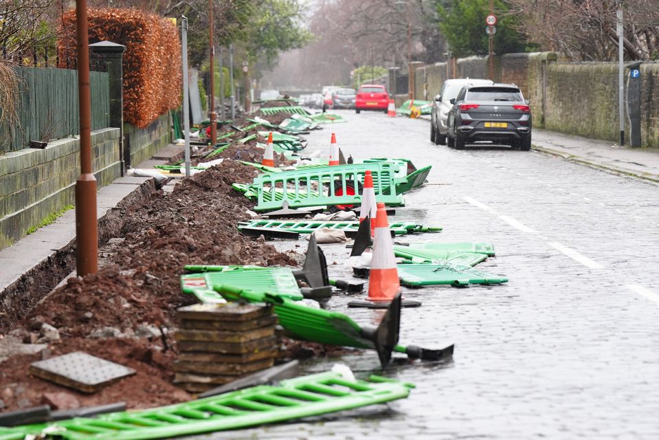 Barriers blown down in Hope Terrace, Edinburgh (Jane Barlow/PA)