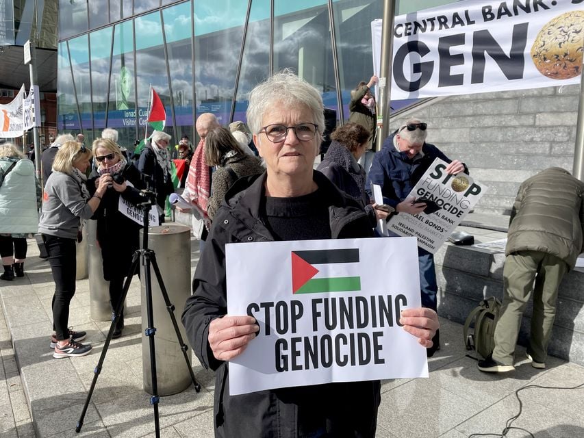 Ireland-Palestine Solidarity Campaign organiser Helen Mahony holds a sign during the demo (PA)