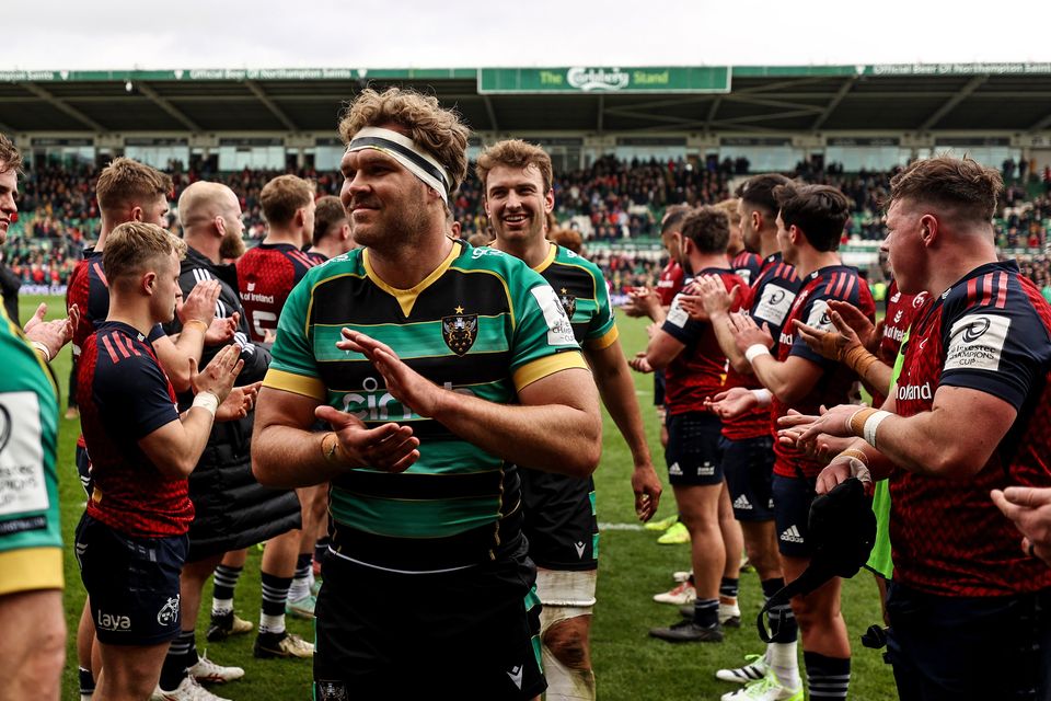 Northampton Saints' Angus Scott-Young applauds the fans after the game