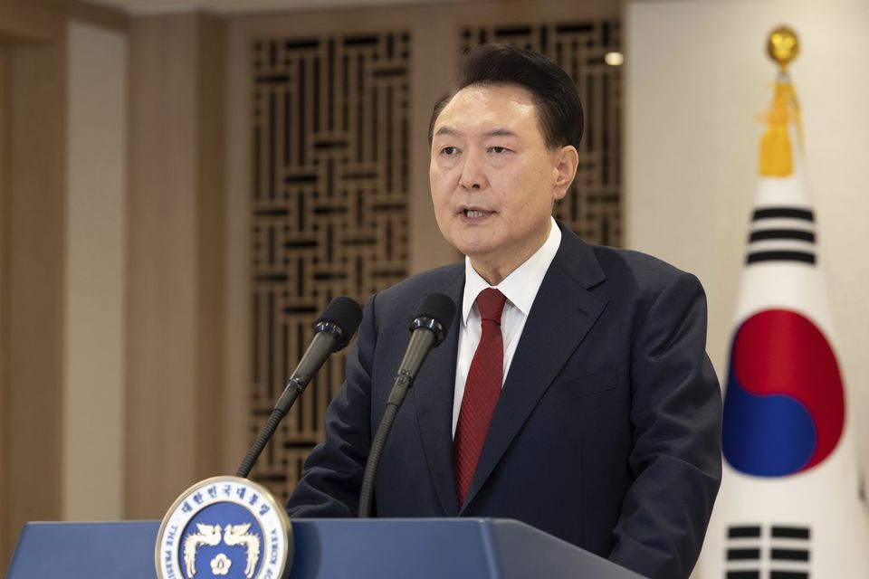 In this photo provided by the South Korean Presidential Office, South Korean President Yoon Suk Yeol speaks at the presidential office in Seoul (South Korea Presidential Office/AP)