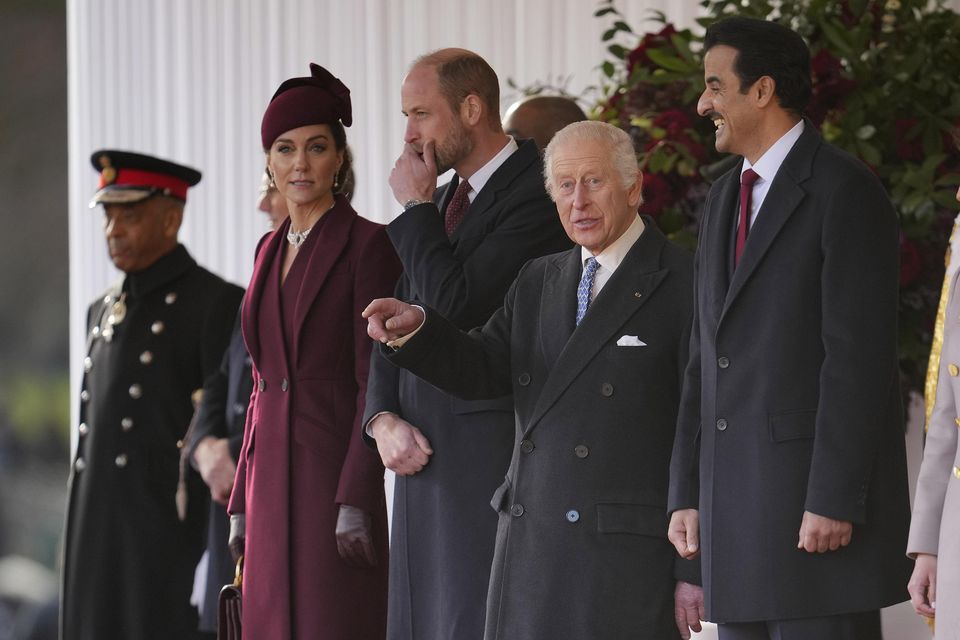 The Prince and Princess of Wales and King welcome the Emir of Qatar Sheikh Tamim bin Hamad Al Thani (second right) and his wife Sheikha Jawaher (right) at a ceremonial welcome at Horse Guards Parade (Kin Cheung/PA)