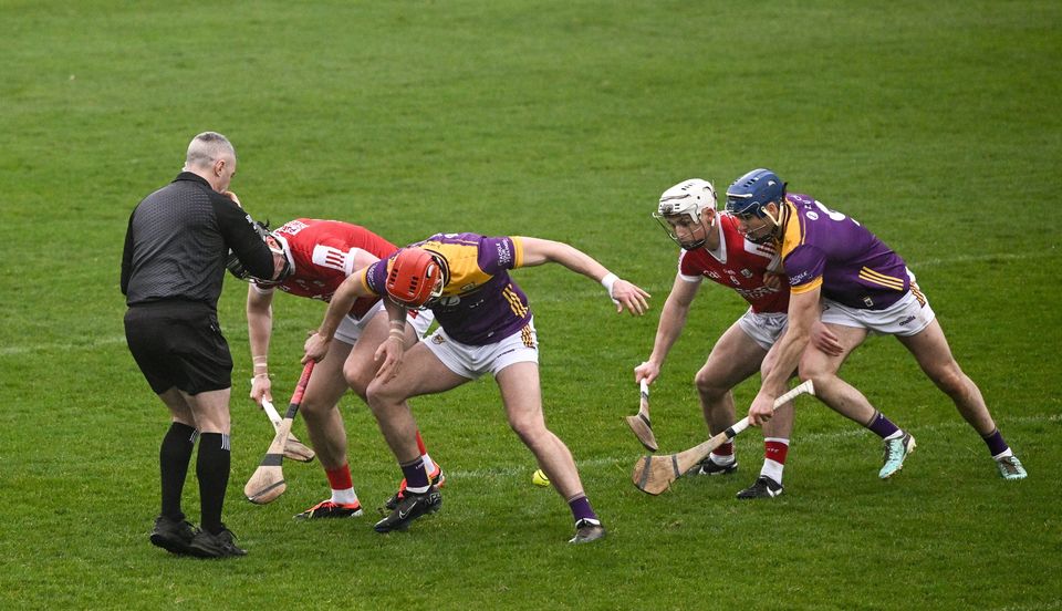 Referee Liam Gordon throws the sliotar between Cork's Darragh Fitzgibbon and Conor Hearne of Wexford and Tommy O'Connell of Cork and Shane Reck of Wexford to start the Allianz Hurling League Division 1 Group A match last March at Chadwicks Wexford Park.