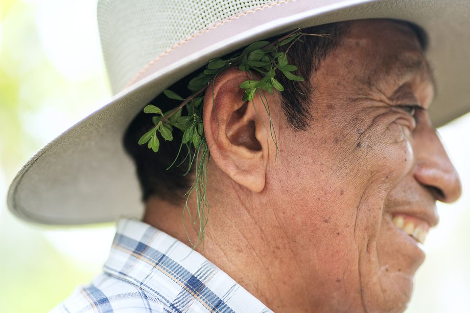 Cristobal Osorio Sanchez with peppermint behind his ear to help ease a headache (Brian Lawless/PA)