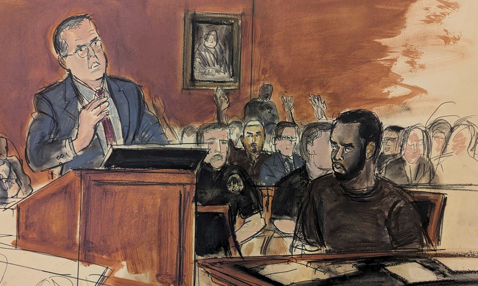 A courtroom sketch of Sean Combs with his attorney Marc Agnifilo (Elizabeth Williams via AP)