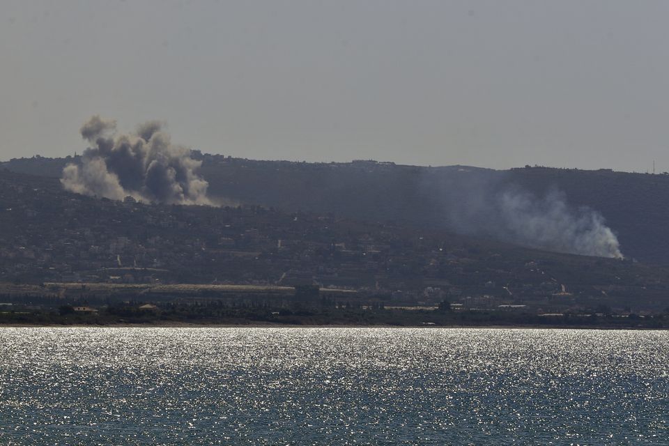 Smoke rises from Israeli airstrikes on Mansouri village, as it is seen from the southern city of Tyre, south Lebanon (AP/Mohammed Zaatari)