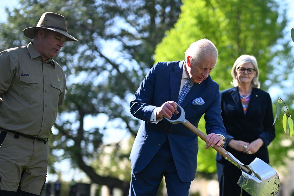 The King and Queen during the ceremonial planting of two snow gum eucalyptus trees in the garden of Government House in Canberra (Victoria Jones/PA)