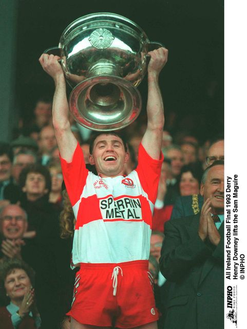 Henry Downey lifts the Sam Maguire as Derry win the All Ireland Football Final