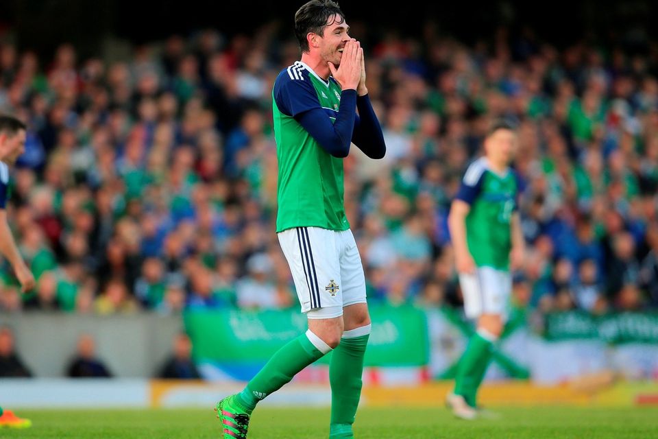 Northern Ireland's Kyle Lafferty rues a missed chance during the International Friendly at Windsor Park, Belfast. PRESS ASSOCIATION Photo. Picture date: Friday May 27, 2016. See PA story SOCCER N Ireland. Photo credit should read: Niall Carson/PA Wire. RESTRICTIONS: Editorial use only, No commercial use without prior permission, please contact PA Images for further information: Tel: +44 (0) 115 8447447.