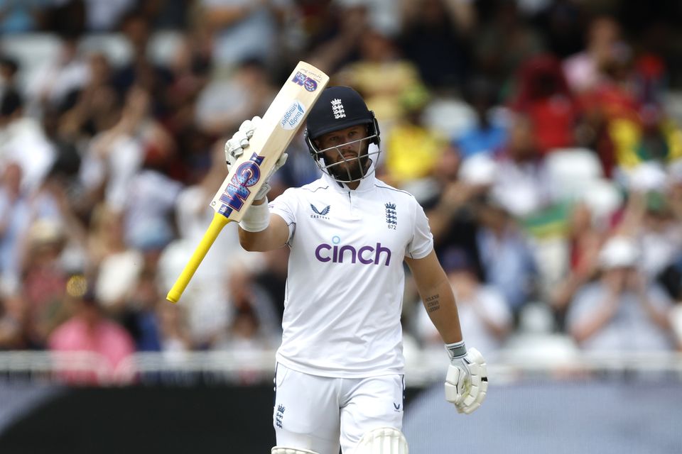 Ben Duckett celebrates reaching 50 runs (Nigel French/PA)