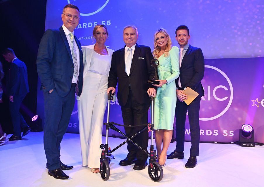 Stephen Dixon, Isabel Webster, Eamonn Holmes, Ellie Costello and Ben Briscoe accepting the News award on behalf of GB News Breakfast at The TRIC Awards 2024 at The Grosvenor House Hotel in London (Photo by Dave Benett/Getty Images)