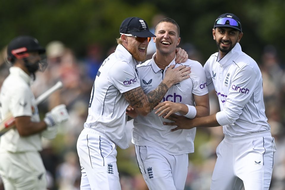 Stokes (left), pictured with Brydon Carse (centre) and Shoaib Bashir during the first Test in Christchurch (John Davidson/Photosport via AP)