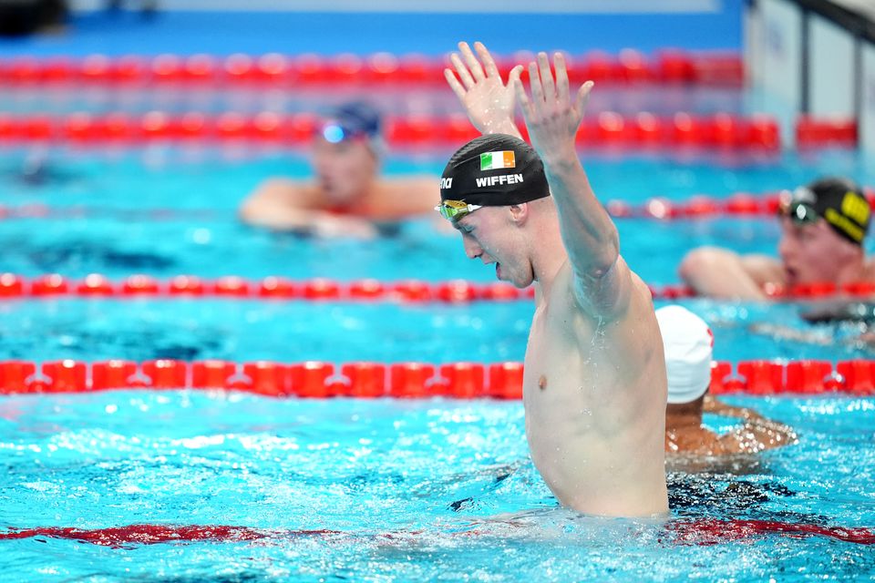 Ireland’s Daniel Wiffen celebrates after winning the men’s 800m freestyle final at the Paris Olympics (John Walton/PA)