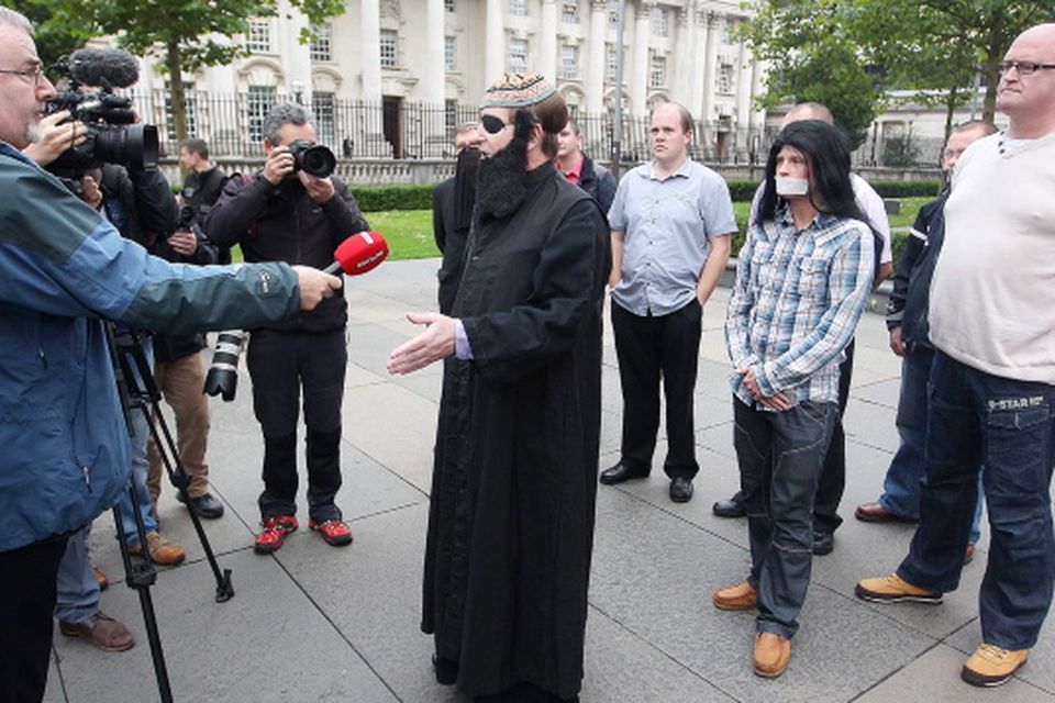Loyalist campaigner Willie Frazer appears at Belfast Laganiside Courts in relation to his flag protest charges dressed as Muslim Cleric Abu Hamza