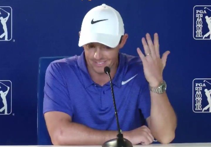 Rory McIlroy shows his wedding ring. Pic: PGA Tour Facebook Live.