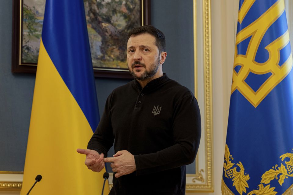 Ukraine’s President Volodymyr Zelensy gives a press conference in Kyiv (Tetiana Dzhafarova/Pool Photo via AP)