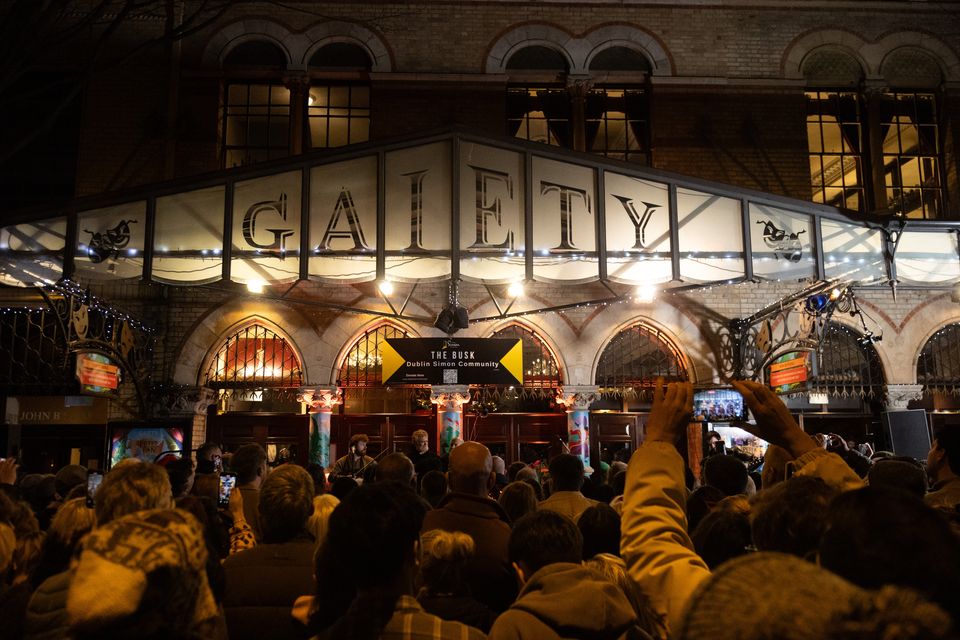 The annual Christmas Eve busk outside the Gaiety Theatre in Dublin, in aid of homeless charity, the Simon Community (Evan Treacy/PA)